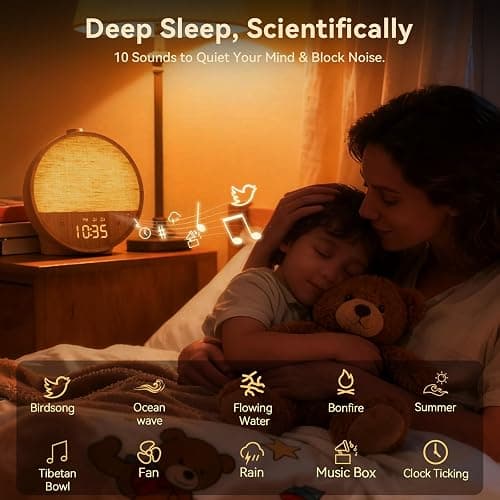 Vivilumens Wood Grain Sunrise Alarm Clock, Gentle Wake-Up Light Sound Machine, Dual Alarms for Heavy Sleepers, Natural Sounds, RGB Mood Light, Dimmable Bedside Night Lamp, Ideal for Bedroom & Gifts thumbnail 5