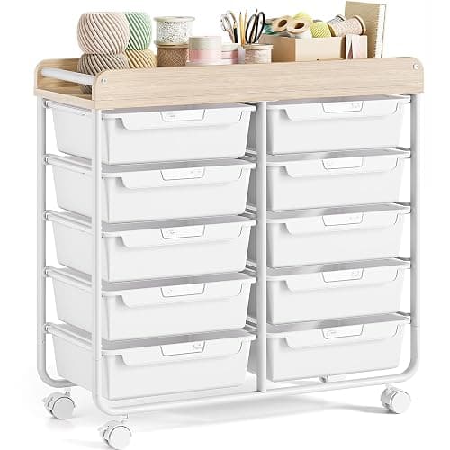Meuble de rangement à roulettes en plastique avec 10 tiroirs, chariot à roulettes avec tiroirs, chariot de rangement pour salle de bain, cuisine, salon et chambre à coucher, Blanc - Image 1