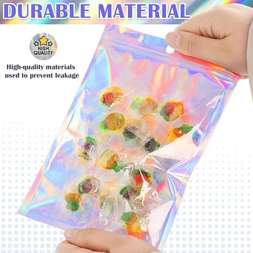 Jetmore 100 Pcs Resealable Mylar Bags, Smell Proof Goodie Bags with Clear Window, Small Holographic Bags for Halloween, Gift, Candy, Bracelet, Keychain, Treat, Product, Sealable Plastic Bags thumbnail 4