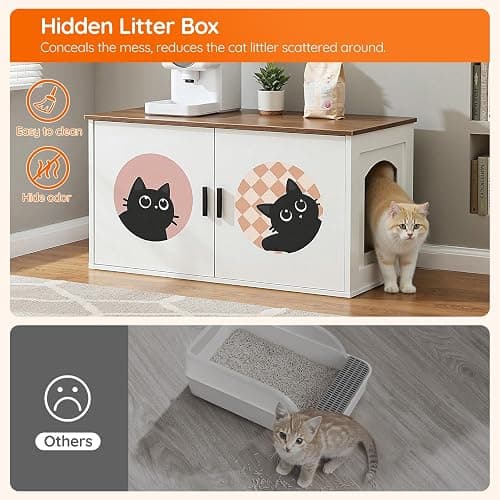 HOOBRO Cat Litter Box Enclosure with Cute Cat Patterns and Arched Entrance, Hidden Litter Box Enclosure Furniture, 31.3"L x 17.7"W x 17.3"H, Litter Box Cabinet, Side Table, White and Walnut WH08MW01 thumbnail 7