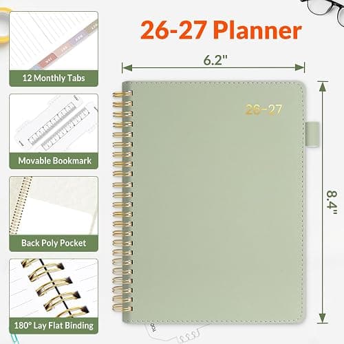 SUNEE 2026-2027 Weekly & Monthly Planner 6.4"x8.5" - 12 Month (July 2026 - June 2027), Vegan Leather Cover Planner Academic Year Calendar, Pocket, Notes, Monthly Tab, Green thumbnail 2