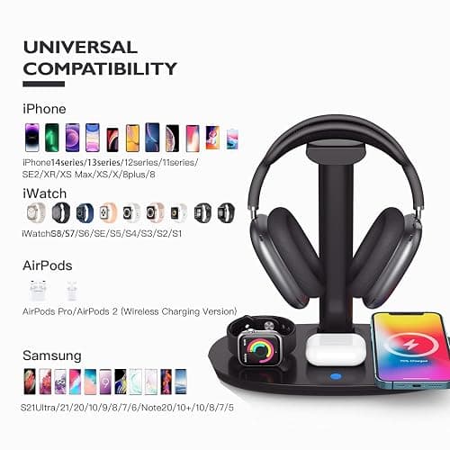 Headphone Stand with 15w Wireless Charger, Suguder 4 in 1 Charging Station Headset Holder for AirPods Max/Pro/4/3/2 iWatch 10/9/8/7/6/5/4/3/2/1/SE iPhone 16/15/14/13/12/11/X for Desktop Table Game thumbnail 2