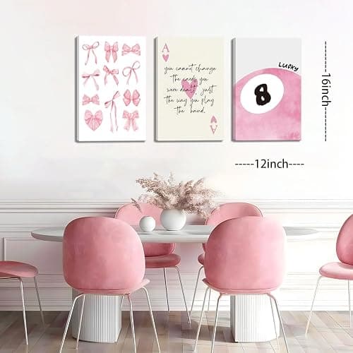 Trendy Pink Bows Canvas Wall Art Set of 3, Vintage Preppy Lucky 8 Ball Wall Decor, Pink Girly Room Aesthetic Posters Prints Painting for College Apartment Living Room Bedroom Framed 12x16 In thumbnail 3