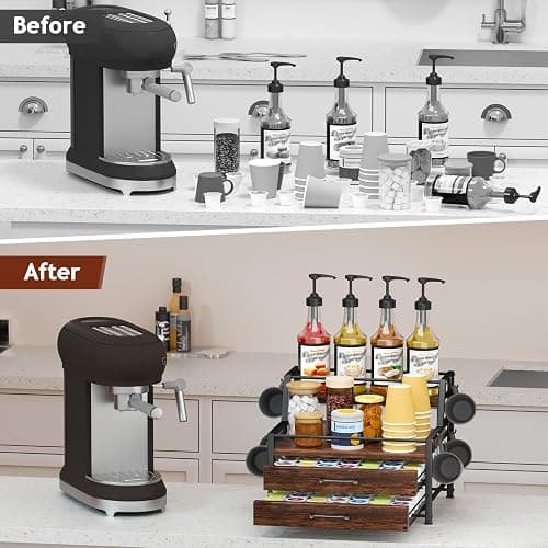 Homsorout Coffee Syrup Rack Organizer - 4-Tier 8 Syrup Wine Bottles Stand with 82 Storage Drawer for K Cups, Coffee Pod Holder for Countertop, Bar Station, Kitchen, Rustic Brown thumbnail 9