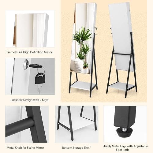CHARMAID Standing Jewelry Armoire with Full Length Mirror, Lockable Jewelry Cabinet Organizer with Lights, 3 Lighting Modes, Foldable Makeup Tray, Storage Drawers & Shelves (White) thumbnail 8
