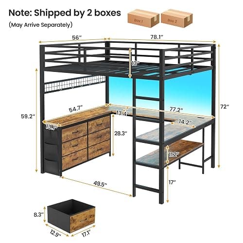 ADORNEVE Loft Bed Full Size with U-Shaped Desk, 6 Drawers, Rustic Brown | Metal Loft Bed with Power Outlet, LED Light, 2 Storage Shelves, Safety Guardrail & Ladders, No Box Spring Needed thumbnail 2