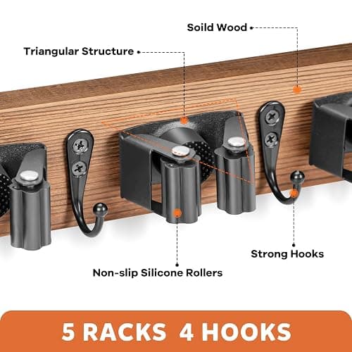 IMILLET Broom Holder Wall Mount, Rustic Wood Broom Hanger with 5 Racks and 4 Hooks, Laundry Room Organization and Storage, Mop Holder for Home Decor, Garden, Garage, Kitchen, Closet thumbnail 4
