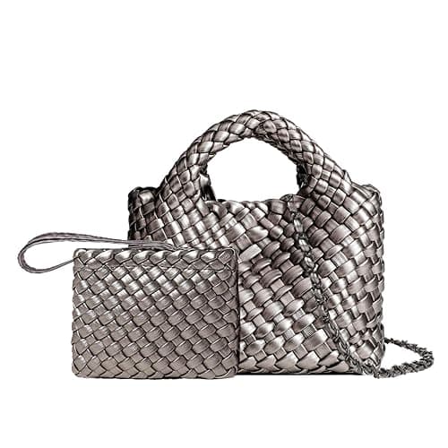OUYGZOU Woven Tote Bag for Women with Coin Purse, Foldable Chain Small Crossbody Handbags, Fashion Shoulder Bag, Hobo Satchel - Image 1