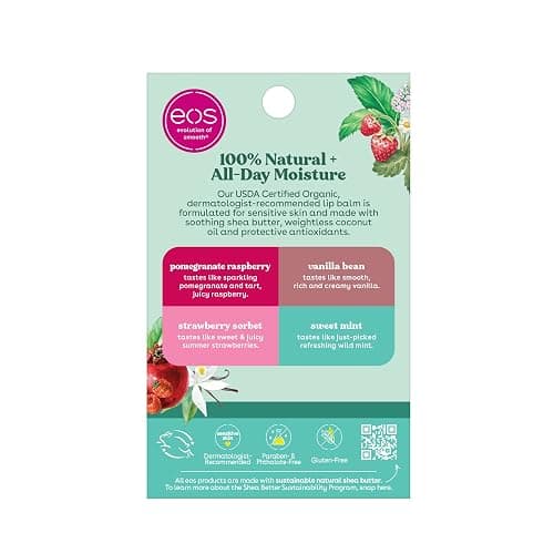 eos 100% Natural & Organic Lip Balm Sticks- Strawberry Sorbet, Vanilla Bean, Sweet Mint & Pomegranate Raspberry, Lip Care Products, 0.14 oz, 4-Pack thumbnail 7