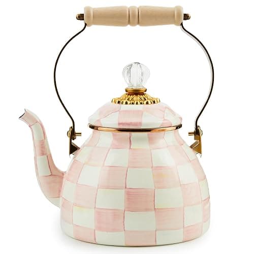 MACKENZIE-CHILDS Enamel Tea Kettle, Stylish Tea Kettle for Stovetop, Pink-and-White Rosy Check, 2 Quarts - Image 1