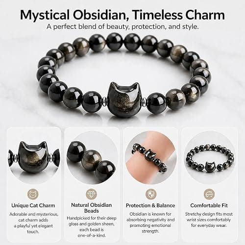 Beaded Bracelets for Women, Black Obsidian Money Attraction Bracelet, 8mm Healing Relax Anxiety Luck Crystal Bead Bracelets, Adjustable Jewelry Feng Shui Stretch Bracelet Cat Lover Gifts for Women Men thumbnail 2