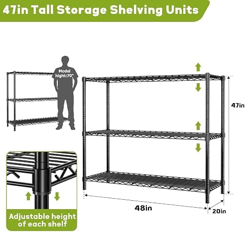 MODCART Storage Shelves, 48" L x 20" W x 47" H Heavy Duty Garage Wire Shelving Unit Loads 1200LBS, 3-Tier Adjustable Metal Industrial Utility Shelf Rack for Kitchen, Laundry Room, Basement thumbnail 3