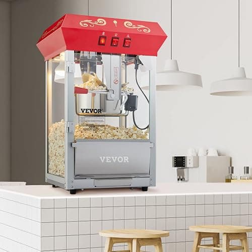 VEVOR Commercial Popcorn Machine, 8 Oz Kettle, 850 W Countertop Popcorn Maker for 48 Cups per Batch, Theater Style Popper with 3-Switch Control Steel Frame Tempered Glass Doors 2 Scoops 2 Spoons, Red thumbnail 2