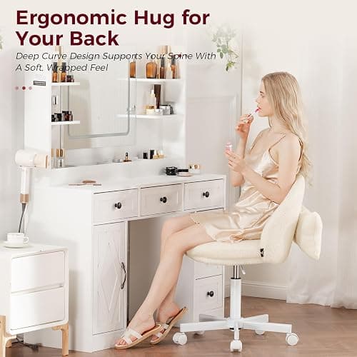 GTRACING Velvet Tall Office Chair with Wheels Vanity Chairs with Back, Versatile Height Use: Office to Bar Stools Small Ergonomic Comfy Armlees Computer Desk Chair with Bow Lumbar Pillow for Gift thumbnail 3