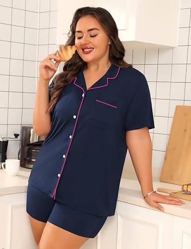 Elsameel Women's Plus Size Pajamas Button Down Shirt and Shorts 2 Piece Pj Lounge Sets Short Sleeve Sleepwear Soft Loungewear thumbnail 2