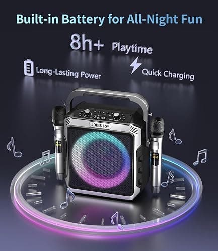 Portable Karaoke Machine, with Wireless Microphones, Bluetooth Party Speaker with LED Lights, Loud Subwoofer, USB/AUX, Outdoor Karaoke Speaker for Adults & Kids, Home & Party thumbnail 4