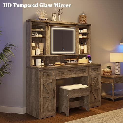 AMERLIFE 47.2" Farmhouse Vanity Desk with Mirror and Lights, Rustic Makeup Vanity Table with Charging Station, Vanity Set with Stool & Storage, LED Sliding Mirror & Glass Top, Dark Oak Finish thumbnail 4