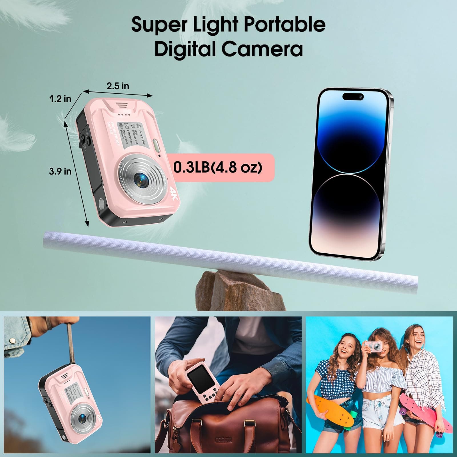 Cámara subacuática 4K, cámara digital impermeable de 64 MP, 16 pies con tarjeta de 32 GB, enfoque automático flotante cámara impermeable con visualización IPS HD, zoom digital 16X, luz de relleno thumbnail 8