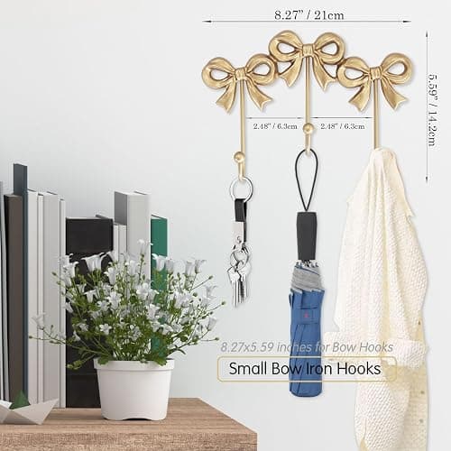 Small Bow Wall Hook,Gold Wall Mounted Functional Hooks,Antique Gold Cast Iron Hook for Coats,Bags, Bath Towels,Room Decorations,Girls Room,Bathroom,Office(Three-Bows Hooks:8.27x5.59 inches) thumbnail 6