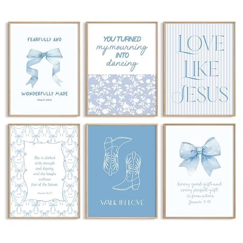 Blue Christian Bow Wall Art Bible Verse Canvas Poster Girls Room Wall Decor Scripture Jesus Pictures Religious Poster Trendy Preppy Aesthetic Prints Coquette Artwork for Bedroom 8x10x6 Inch Unframed - Image 1