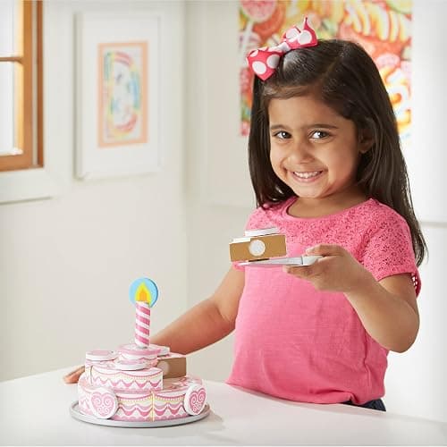 Melissa & Doug Triple-Layer Party Cake Wooden Play Food Set - Birthday Cake Pretend Food Play Set for Toddlers, Kids Ages 3+ thumbnail 5
