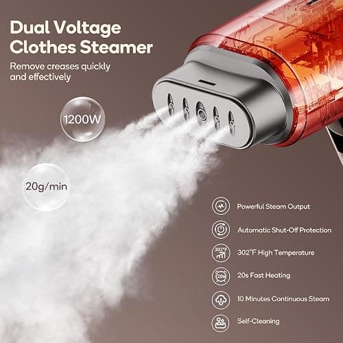 Newbealer Professional Business Travel Steamer, 1200W High-Power Dual Voltage (100-240V), Fast 20s Heat Up for Clothes Horizontal Vertical Steaming, Foldable & Solid 1.72 lbs, 180ml (Brown) thumbnail 5