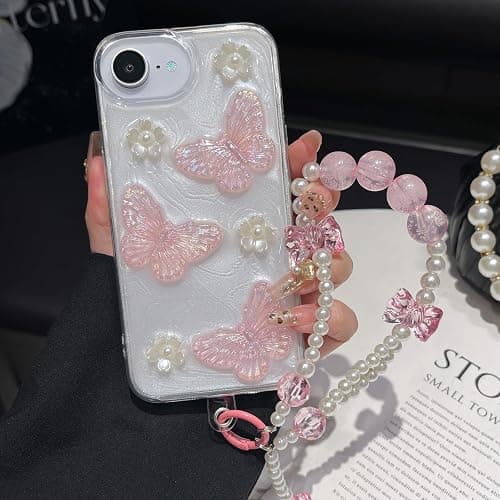 Changjia for iPhone 17e/16e Glitter Butterfly Case,Cute Girly 3D Flower Floral Crystal Pearl Bling Sparkle with Wrist Strap Chain Soft TPU Aesthetic Women Girls Phone Case for iPhone 17e/16e 6.1",Pink thumbnail 2