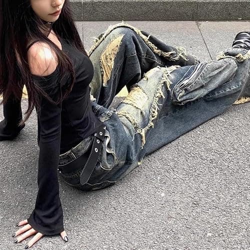 Y2k Retro Niche Baggy deconstruction Tassel Ripped Jeans Men's and Women's Large Pocket Design Sense Work Pants thumbnail 7