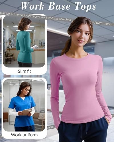 Xaatren 4 Pack Women's Underscrub Shirts Long Sleeve Nurse Cotton Blend Crewneck Slim Fit Tops Soft Stretchy Basic Tee thumbnail 5