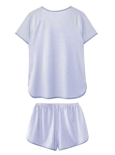 Hilinker Women Striped Pajama Set Short Sleeve Top with Shorts Sleepwear Pjs 2 Piece Lounge Sets thumbnail 4