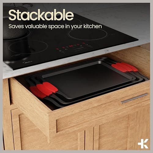 Baking Set – 10 Piece Kitchen Oven Bakeware Set – Deluxe Non-Stick Blue Coating Inside and Outside – Carbon Steel – Red Silicone Handles – PFOA PFOS and PTFE Free by Bakken,Black thumbnail 5