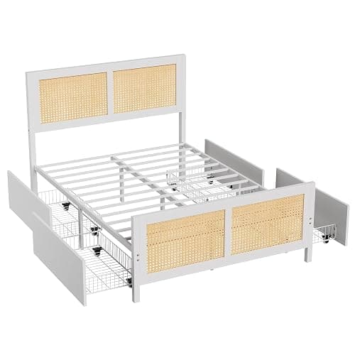Garvee Rattan Full Bed Frame with LED Headboard (7 Colors), Boho Cane Platform Bed with 4 Large Drawers, Strong Metal Slats Support, Noise Free, No Box Spring Needed, Easy Assembly, White thumbnail 6