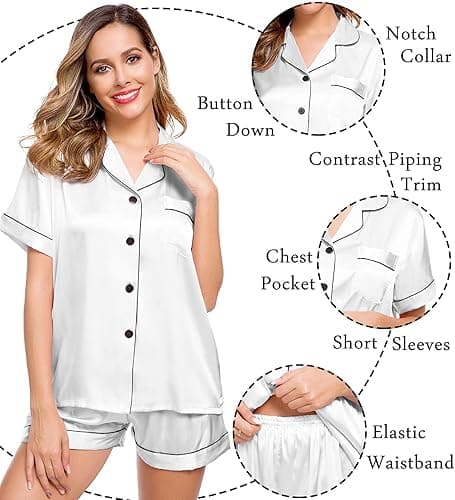 LecGee Womens Silk Satin Pajamas Short Sleeve Loungewear Two-Piece Sleepwear Button-Down Pj Set - Medium - White-03 thumbnail 5