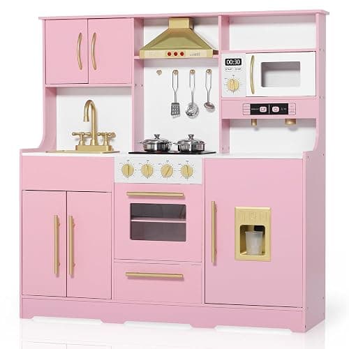 TODEFULL Kids Kitchen Playset, Wooden Play Kitchen with Toy Storage System, Pretend Play Kitchen Set Toy with Range Hood, Ice Maker & Coffee Maker, for Kids Ages 3+, Pink - Image 1