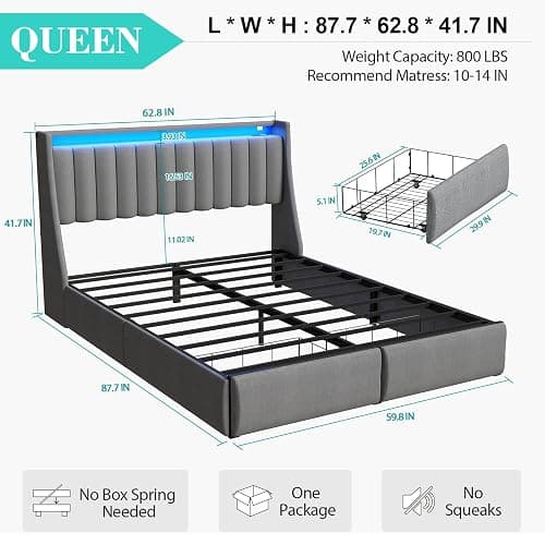 Queen Bed Frame with 2 Storage Drawers, Platform Bed Frame Queen Size with LED Light, Upholstered Headboard, Charging Station, Steel Slat Support, No Box Spring Needed, Noise-Free, Easy Assembly, Gray thumbnail 2