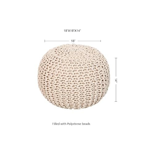 REDEARTH Round Pouf Ottoman - Cable Knitted Boho Poof - Home Décor Cord Pouffe Handmade Circular Footrest for Living Room - Bedroom - Kids Bedroom - 100% Cotton Pouf (18" x 18" x 14") - Ivory thumbnail 3