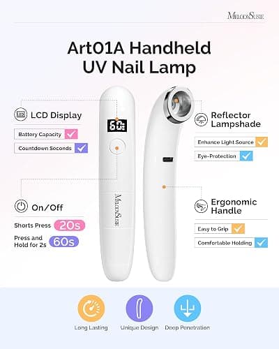 MelodySusie Ergonomic Handheld Cordless UV Nail Lamp with LCD Display & 2 Timers, P-Art01A Rechargeable Mini UV LED Light Flash Cures All Soft Gels, Especially Rhinestone Glue & Liner Gel White thumbnail 5