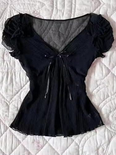 Grunge Emo Goth Shirts Y2k Lace Bow Coquette Babydoll Tops Women Vintage Graphic Tee 2000s Summer Crop Tops thumbnail 7