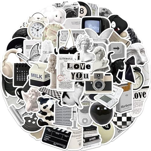 Vintage Black and White Aesthetic Stickers for Scrapbook, 61Pcs Retro Vinyl Waterproof Stickers for Water Bottles Laptop Journal Phone, Party Decals for Girls Women Adults (Black) - Image 1