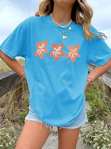 Oversized Graphic Shirt for Teens Girl Y2K Ocean Floral Short Sleeve Baggy Tee Shirts Vintage Aesthetic Coastal Tops thumbnail 3
