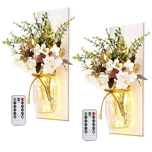 Rustic Wall Sconces Mason Jar Sconces Handmade Wall Art Hanging Design with Remote Control LED Fairy Lights and White Peony, Christmas Decor Gifts Farmhouse Home Decor Living Room Lights Set of Two - Image 1