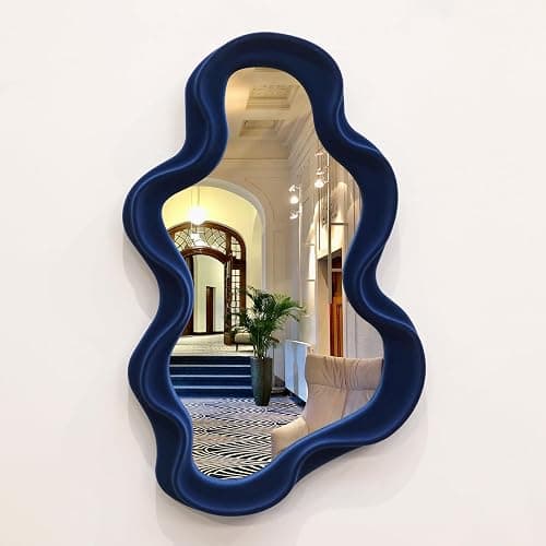 TEIPAI Irregular Wall Mirror Living Room Decor, Decorative Wavy Funky Mirrors with Flocking Touch, Modern Asymmetrical Mirror for Hallway Entryway Staircase Bathroom Bedroom (Dark Blue) - Image 1