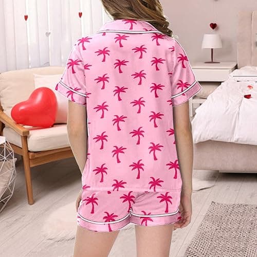 Pink Puff 𝙂𝙞𝙧𝙡𝙨 Pajamas Sets Cute Preppy Clothes Short Sleeve 𝙆𝙞𝙙𝙨 Pjs Button Down Satin Loungewear for 𝟮-𝟭𝟯𝙔 - #A08-pink - 10-11 Years thumbnail 4