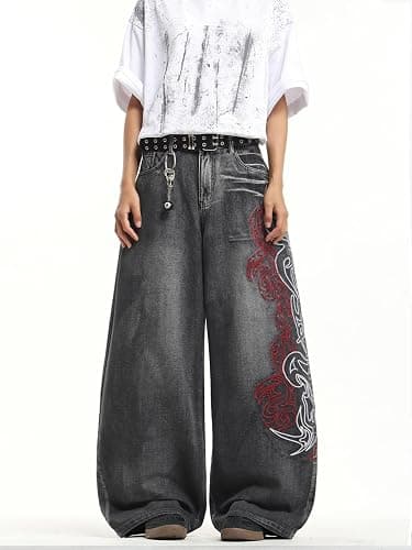 DFGIGT Men's Hip Hop Baggy Jeans Embroidered Wide Leg Skater Jeans Loose Fit Denim Pants Streetwear thumbnail 2