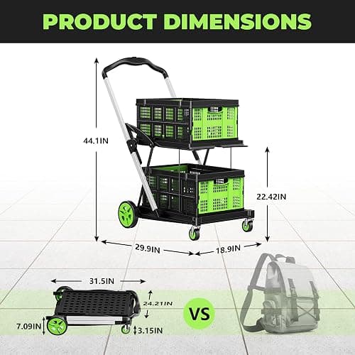 BSMTEK 8-in-1 Max 200LBS Collapsible Shopping Cart on Wheels with 2 Storage Crates, Portable Foldable Shopping Cart with Foot Brake for Picnic, Supermarket, Office, Green-2025 Upgraded thumbnail 3