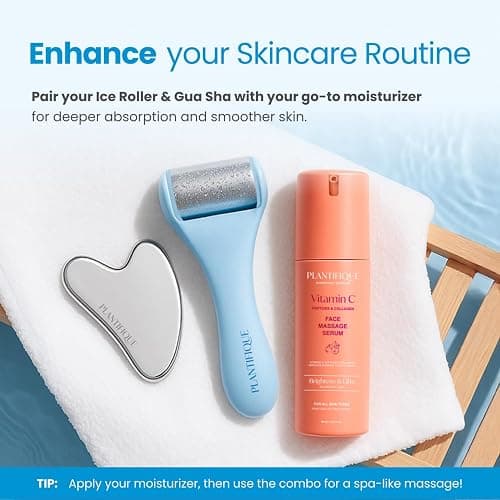 PLANTIFIQUE Facial Ice Roller and Stainless Steel Gua Sha Set - Cryotherapy Skin Care Massage Tools - Metal Massager Set for Puffy Face, Under Eyes and Body thumbnail 6