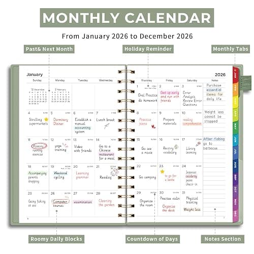 EMSHOI 2026 Planner, Weekly and Monthly, JAN 2026 - DEC 2026, A5 (5.7" x 8.3"), 100GSM Thick Paper, PVC Cover, Colorful Tabs - 2026 Calendar Organizer for Work, School, Home, LightGreen thumbnail 4