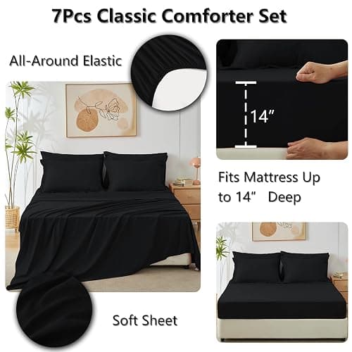 CozyLux Full Size Comforter Sets Black - 7 Pieces Bed in a Bag Full, Luxury Soft Bed Set for All Seasons, Bedding Set with Down Alternative Comforter, Sheets, Pillowcases & Shams thumbnail 5