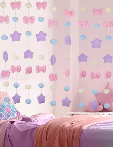 NiHome Fluffy Plush Doorway Curtain, Cute Hanging String Garland Kawaii Wall Hanging Home Decor for Girl Baby Room,Plush Bowknot Pentacle Garland Curtain with Hooks & Adhesive Velcro, 9 Strings thumbnail 9