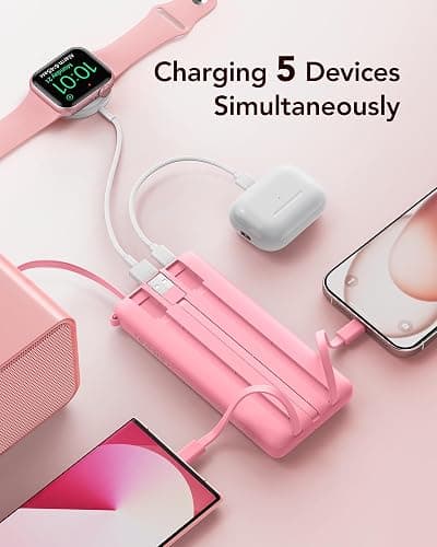 VRURC Portable Phone Charger, Built-in 4 Cables USB C Power Bank 10000mAh | Slim Power Bank for Travel,5 Output 2 Inpput Charging Bank,Multi Devices Battery Pack for iPhone,Android-Barbie Pink(1 Pack) thumbnail 3